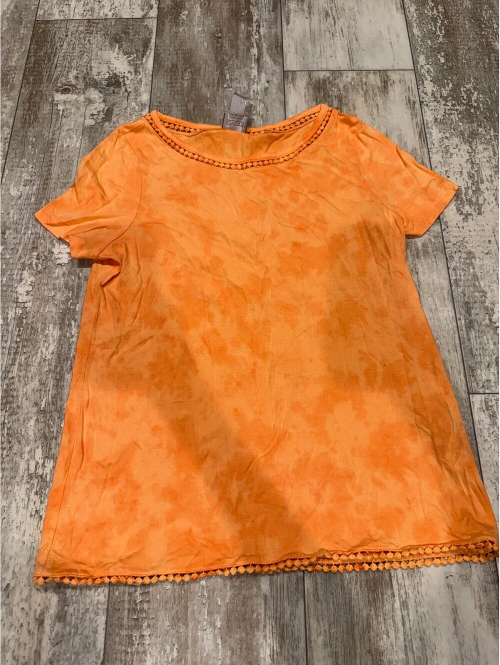 Chicos Size 0 Orange Tie Dye Top Pom Trim Boho Festival
